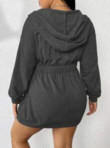 Flirla 大碼袋鼠口袋落肩袖抽繩連帽衛衣裙 - 深灰色 - 查看 3