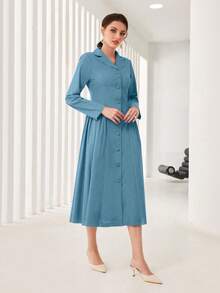 Mulvari 素色前紐扣襯衫洋裝 - 藍色 - 查看 3