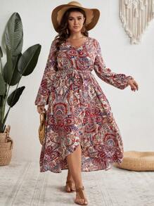 SHEIN VCAY 大碼佩斯利印花燈籠袖繫腰帶洋裝 - 彩色 - 查看 1