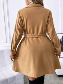 SHEIN Clasi 大碼西裝領腰帶花呢外套 - 卡其色 - 查看 3