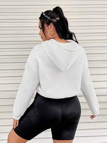 SHEIN EZwear 加大码汽车字母图案落肩抽绳卫衣 - 白色 - 查看 2