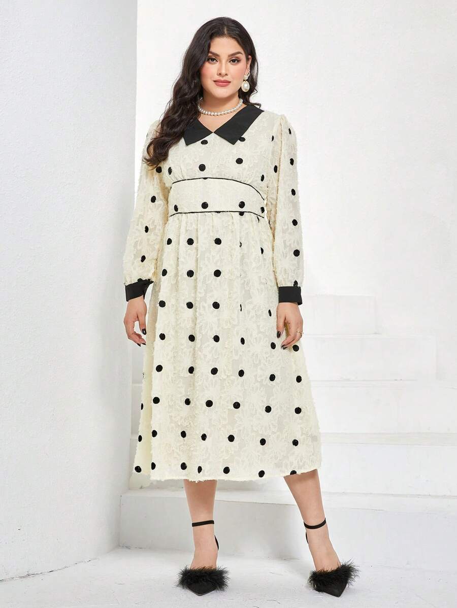 Mulvari Plus Polka Dot Print Contrast Collar Dress - Apricot - View 1