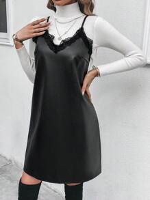 Chiquease Chất rắn chất liệu da PU Váy Dây Without Tee - màu đen - Xem 5