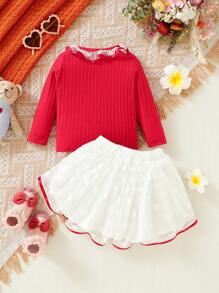 SHEIN 2 Stücke/set Baby Mädchen Bluse Mit Rüschenärmeln Und Schleifen Dekoration Sowie Tülle Rock Set