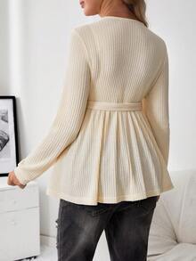 SHEIN Thai sản Trang trí ren Thắt lưng Dệt kim Waffle Áo thun - Màu be - Xem 2