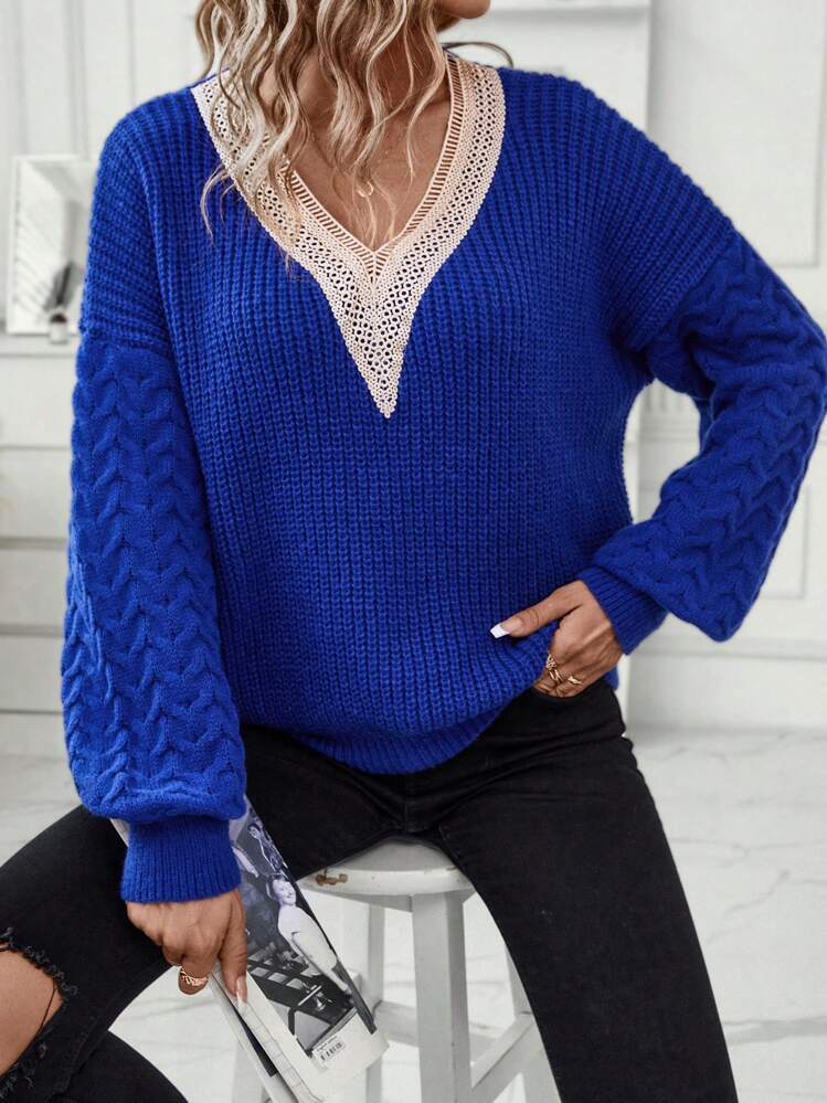 SHEIN LUNE Guipure Lace Insert Lantern Sleeve Cable Knit Drop Shoulder Knit Pullover Fall Winter Sweater - Royal Blue - View 3