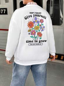 Flirla Plus Floral & Slogan Graphic Drop Shoulder Sweatshirt Pullover Fall Sweatshirt - White - View 4