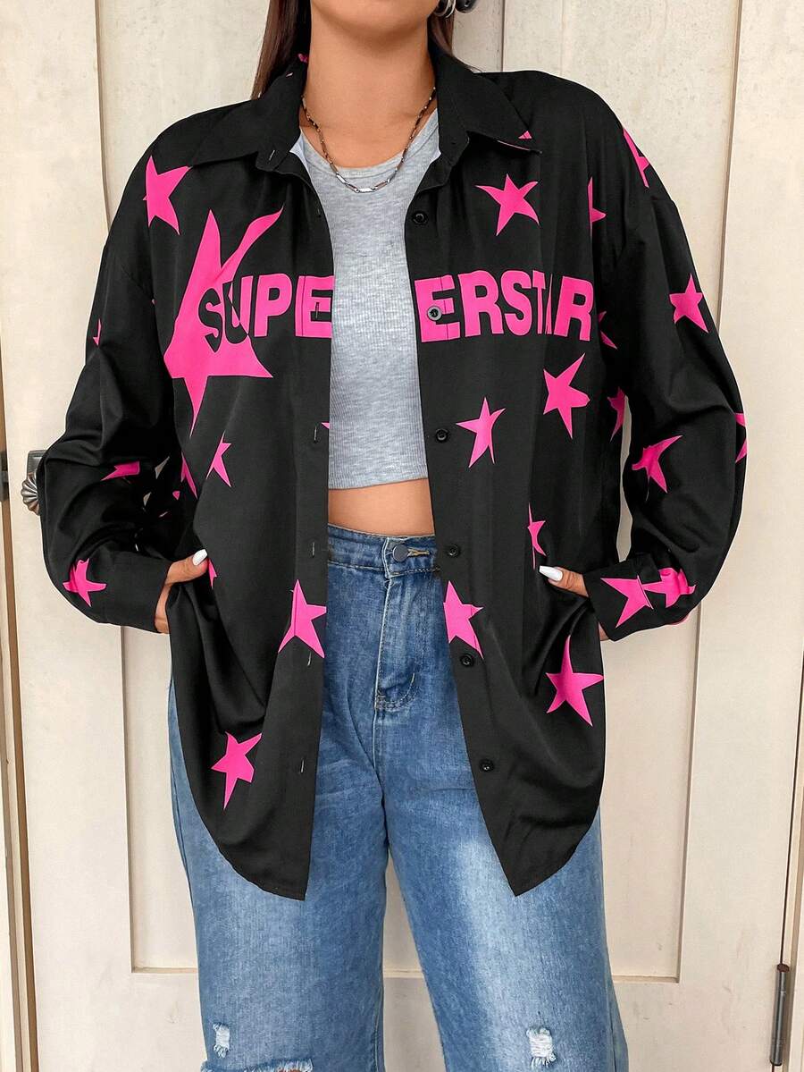 SHEIN Coolane Plus Star & Letter Graphic Drop Shoulder Shirt - Multicolor - View 1