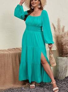 SHEIN VCAY Plus Square Neck Lantern Sleeve Ruched Bust Ruffle Hem Dress - Green - View 1