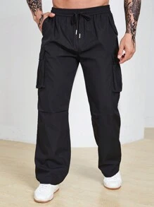 Manfinity Homme Men Plus Flap Pocket Side Cargo Loose Pants Straight Leg Long Drawstring Plain Black Going Out Size - Black - View 3