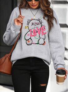 SHEIN LUNE Đồ họa chữ cái & Gấu Thả vai Áo nỉ - Màu Xám nhạt - Xem 1