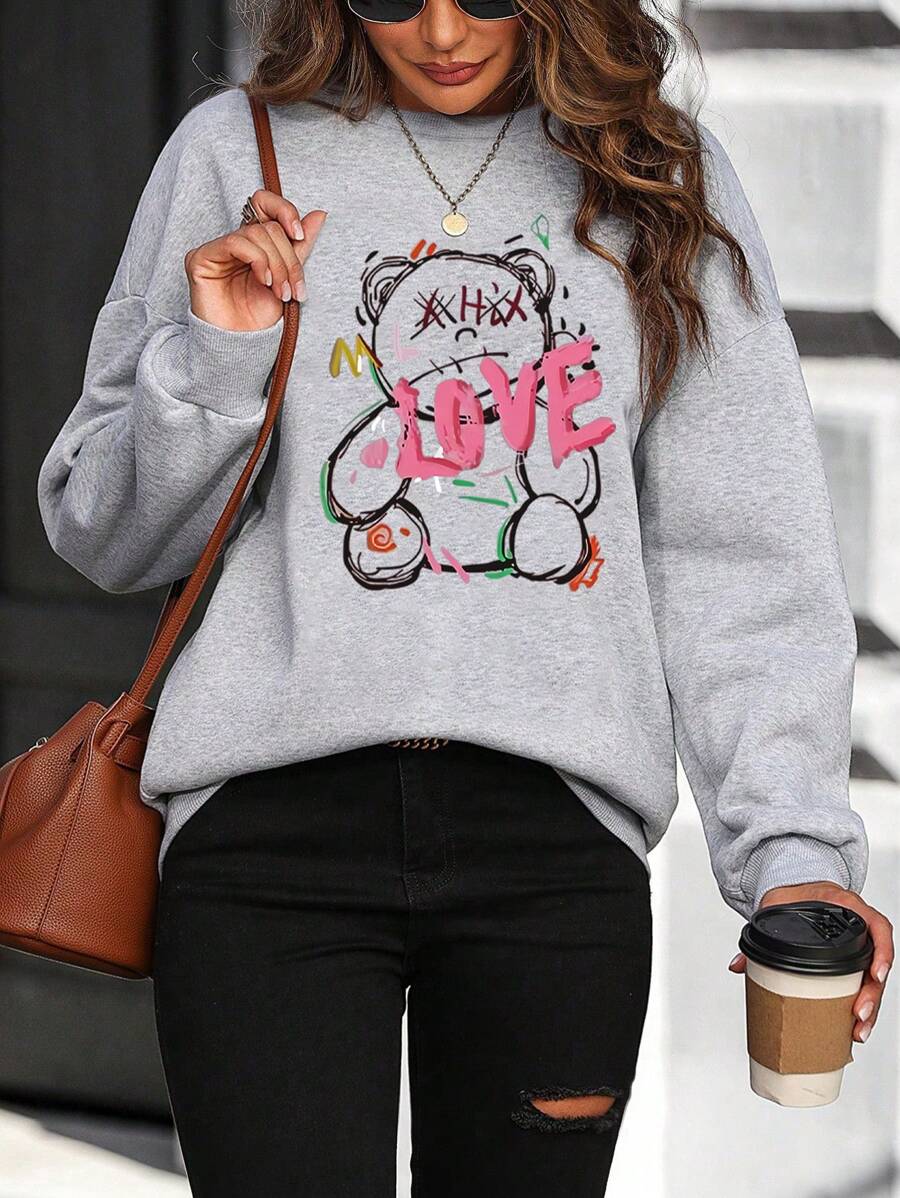 SHEIN LUNE Đồ họa chữ cái & Gấu Thả vai Áo nỉ - Màu Xám nhạt - Xem 1