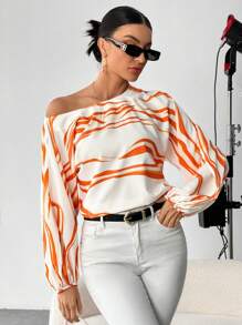 SHEIN Essnce 圖案印花燈籠袖襯衫 - 橘色 - 查看 1