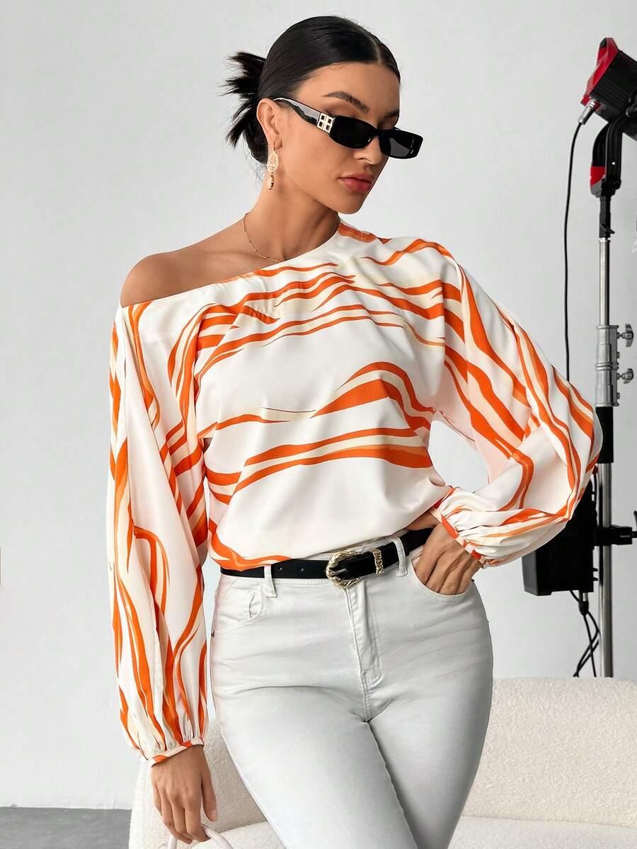 SHEIN Essnce 圖案印花燈籠袖襯衫 - 橘色 - 查看 1