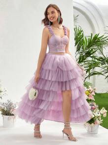 Enchnt High Low Layered Ruffle Mesh Overlay Skirt - Pink - View 1