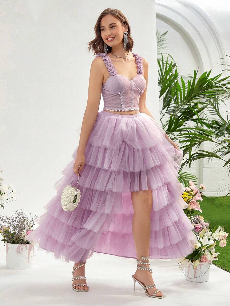 Enchnt High Low Layered Ruffle Mesh Overlay Skirt - Pink - View 1