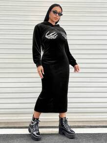 SHEIN ICON 大碼水鑽骷髏手掌圖案絲絨背心洋裝帶超短款連帽衫 - 黑色 - 查看 5