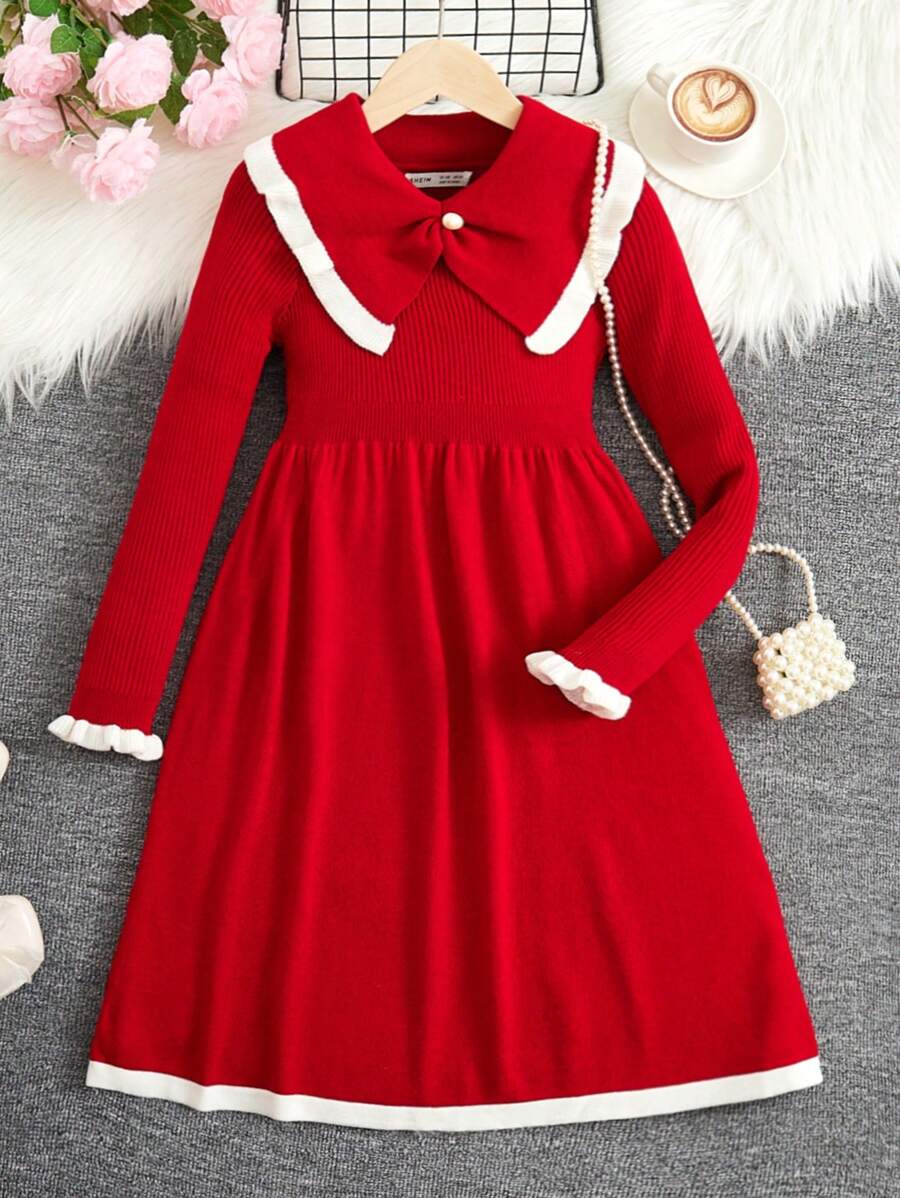 SHEIN 女大童拼接邊誇大領口喇叭袖毛衣洋裝 - 紅色 - 查看 1
