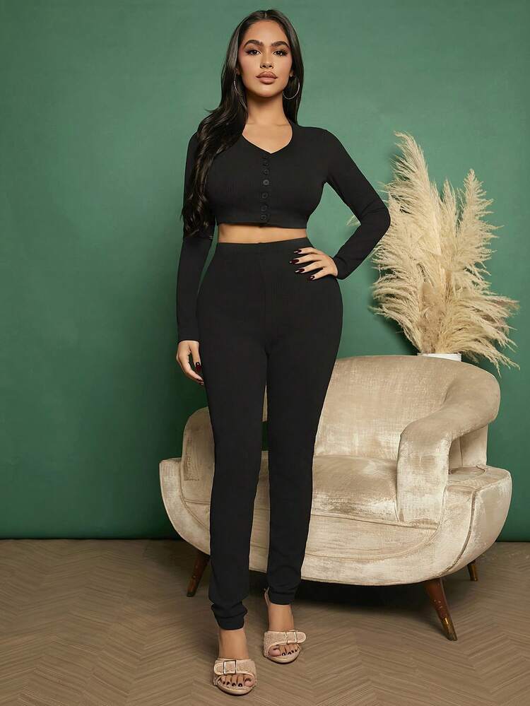 Solid Button Front Crop Tee & Leggings