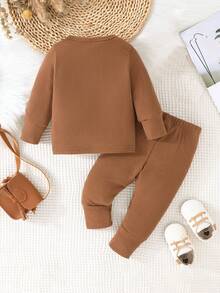 Baby Girl Waffle Knit Quarter Button Tee & Sweatpants - Brown - View 2