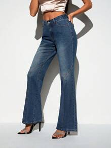 SHEIN BAE 高腰牛仔喇叭褲 - 藍色 - 查看 5