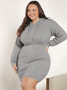 SHEIN BASICS Plus Drawstring Hooded Sweater Dress - Light Grey - View 5