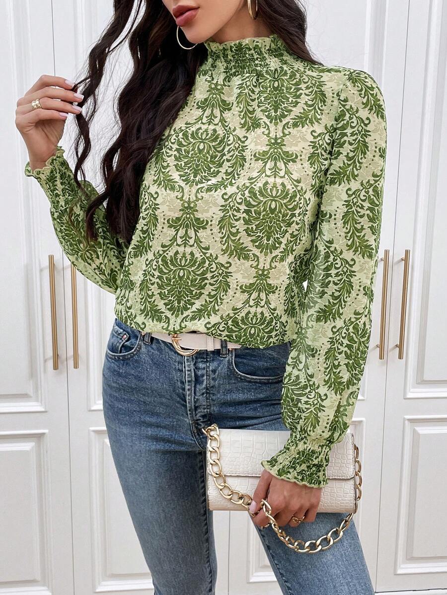 SHEIN VCAY Blusa De Cuello Alto Con Estampado Completo - Multicolor - Ver 1