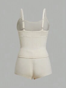 SHEIN Qutie Solid Cami Knit Top & Knit Shorts - Beige - View 2