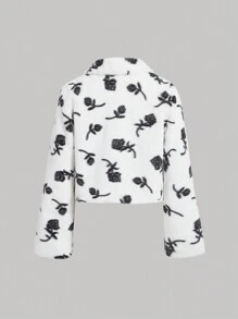 SHEIN MOD Women's Double Breasted Coat With Flower Print - Black and White - View 2