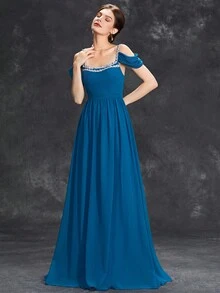 Vestido Largo De Gasa Con Cinta Decorativa De Lentejuelas De Doble Lado En El Escote Y Brazos Con Mangas Con Plisado Y Cinturilla De A-line - Agua verde azul - Ver 3