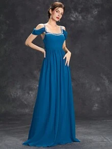 Vestido Largo De Gasa Con Cinta Decorativa De Lentejuelas De Doble Lado En El Escote Y Brazos Con Mangas Con Plisado Y Cinturilla De A-line - Agua verde azul - Ver 6