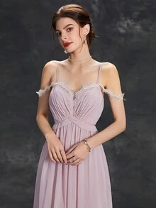 Vestido De Dama De Honor De Gasa Con Hombros Descubiertos, Encaje Recortado, División En El Muslo - Rosa Pálido - Ver 4