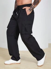 Manfinity Homme Men Plus Flap Pocket Side Cargo Loose Pants Straight Leg Long Drawstring Plain Black Going Out Size - Black - View 4