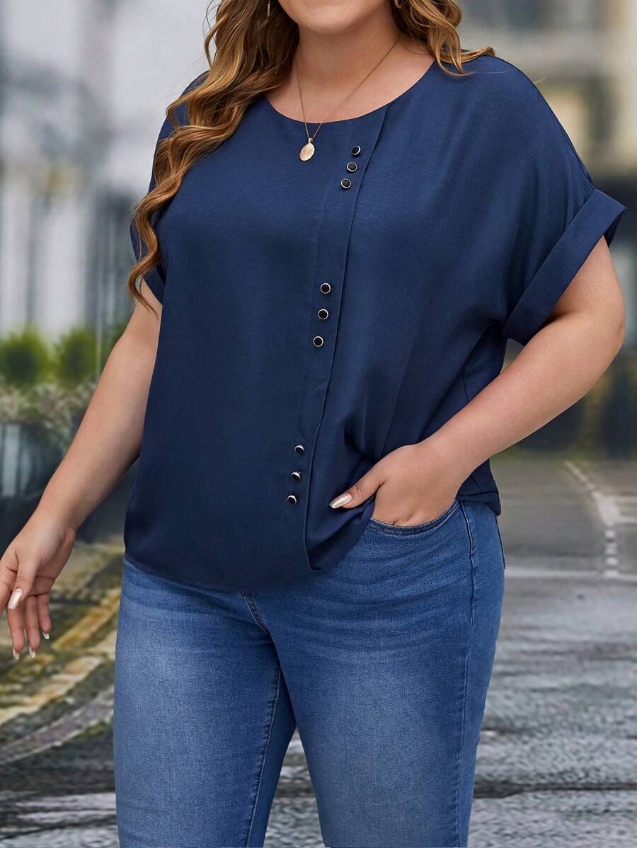EMERY ROSE Plus Button Detail Batwing Sleeve Blouse - Blue - View 1