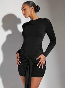 SHEIN BAE Women's Solid Color Twist Front Fitted Elegant Long Sleeve Dress