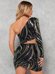 SHEIN BAE Giáng sinh Một bờ vai Cắt bỏ eo Kim sa Váy bodycon - Màu xanh lá cây đậm - Xem 2