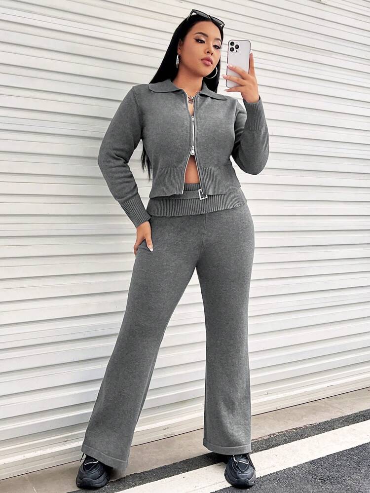 Plus Zip Up Cardigan & Knit Pants
