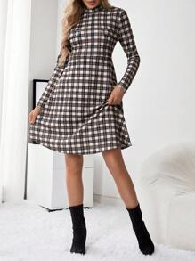 SHEIN Maternity Plaid Print Mock Neck Dress - Brown - View 3