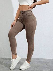 SHEIN Solid Skinny Jeans - Brown - View 2