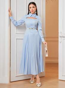Modelyn Cutout Front Pleated Hem Shirt Dress