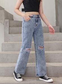 SHEIN Explorewe Tween Girl Ripped Straight Leg Jeans - Blue - View 3