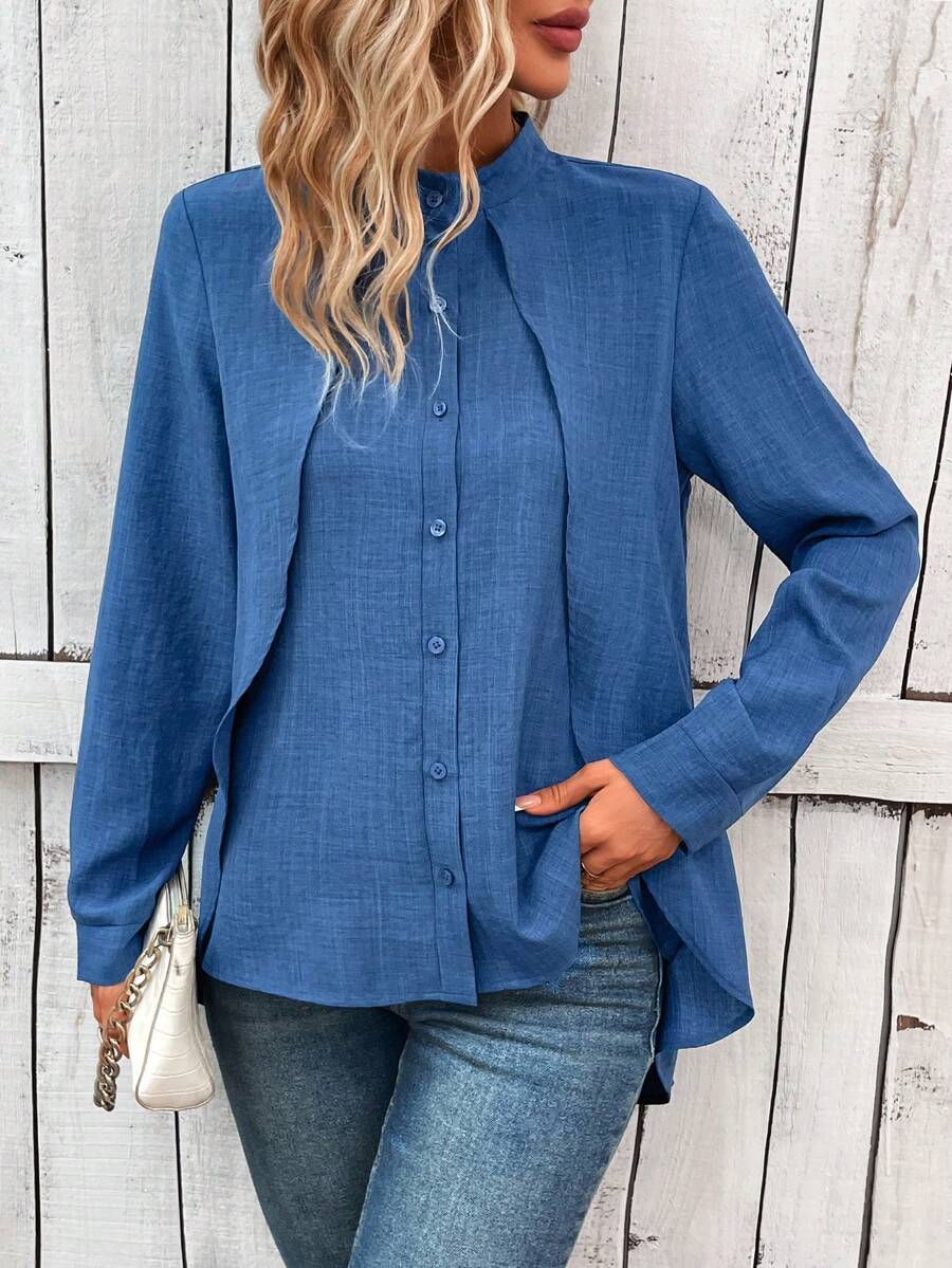 EMERY ROSE 素色前紐扣高低下擺襯衫 - 藍色 - 查看 1
