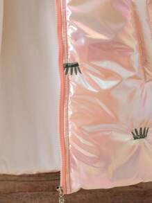 SHEIN Girls' Pink Flower Embossed Zipper Hooded Thick Padded Coat - Pink - View 5