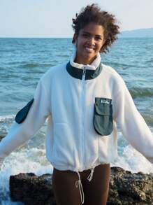 In My Nature In My Nature Cappotto con grafica lettera tasca con patta orlo con coulisse in pile