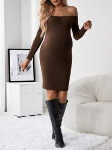 SHEIN Thai sản Off Shoulder Viền mặt trước Váy bodycon - Màu nâu  Mocha - Xem 6