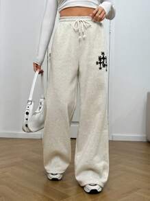 SHEIN EZwear Graphic Print Drawstring Waist Wide Leg Sweatpants - Grey - View 5