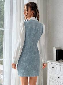 SHEIN Privé Vestido 2 en 1 de color combinado con diseño de solapa de cuello con cordón tweed - Azul - Ver 4