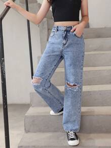 SHEIN Explorewe Tween Girl Ripped Straight Leg Jeans - Blue - View 5