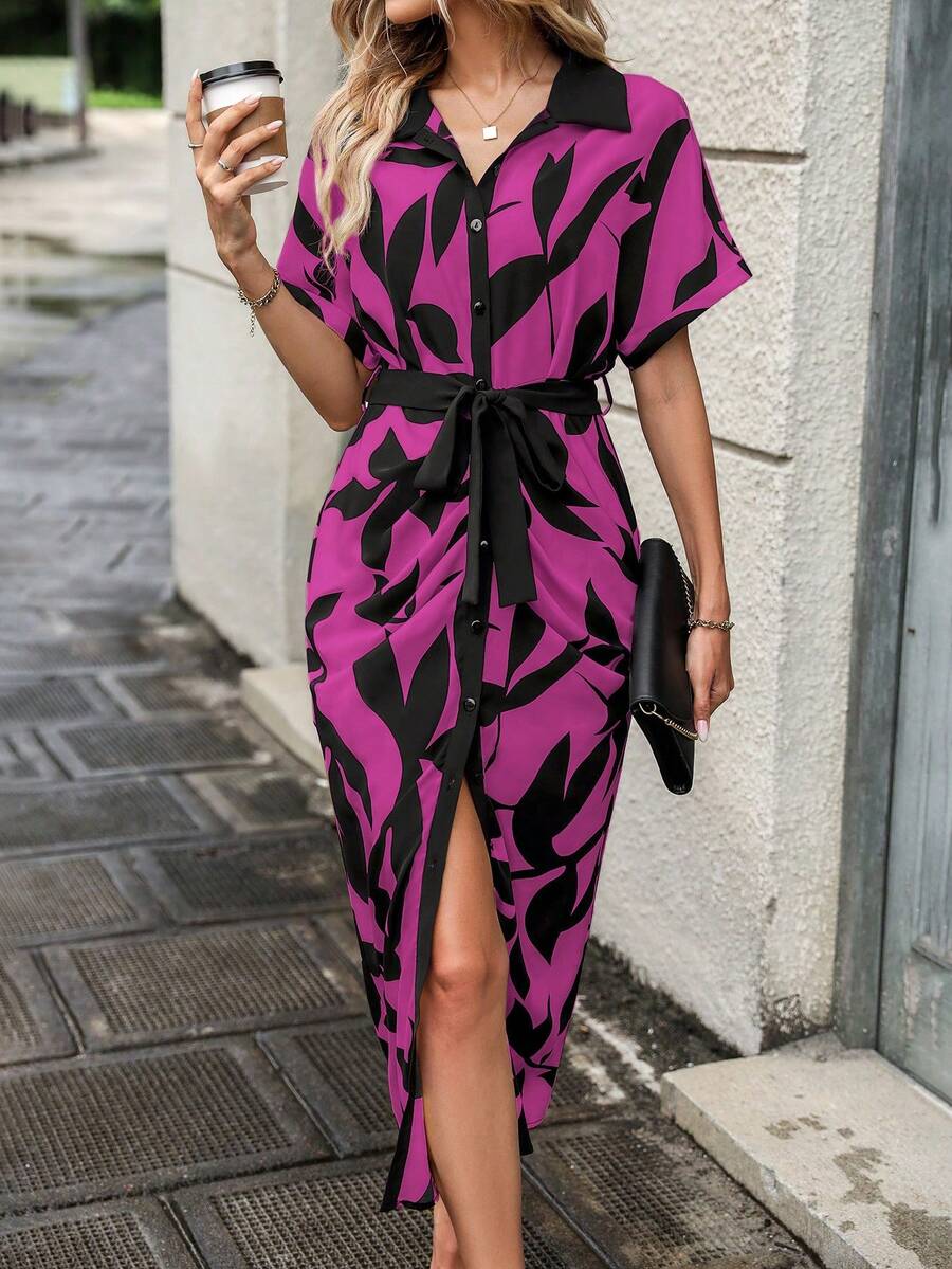 SHEIN Unity Leaf Print Batwing Sleeve Belted Shirt Dress - Multicolor - View 1