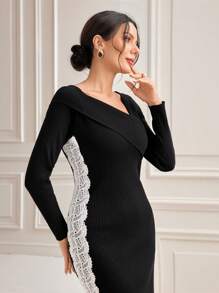 Modelyn Contrast Lace Split Hem Bodycon Sweater Dress Fall Cloth For Women - Black - View 4